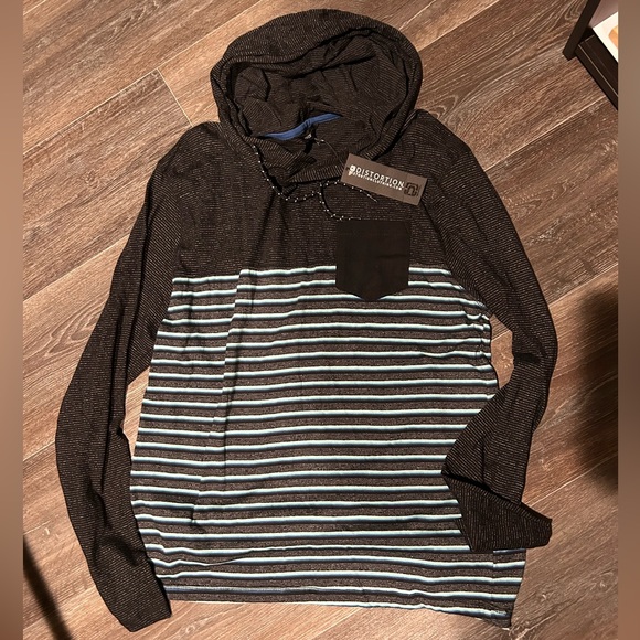 Men’s XL Dark Grey, White and Blue Striped Hoodie. - Picture 2 of 4